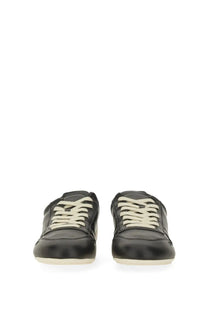 Rick Owens men’s minimal sneak sneaker black with black leather, cream laces, and white rubber sole