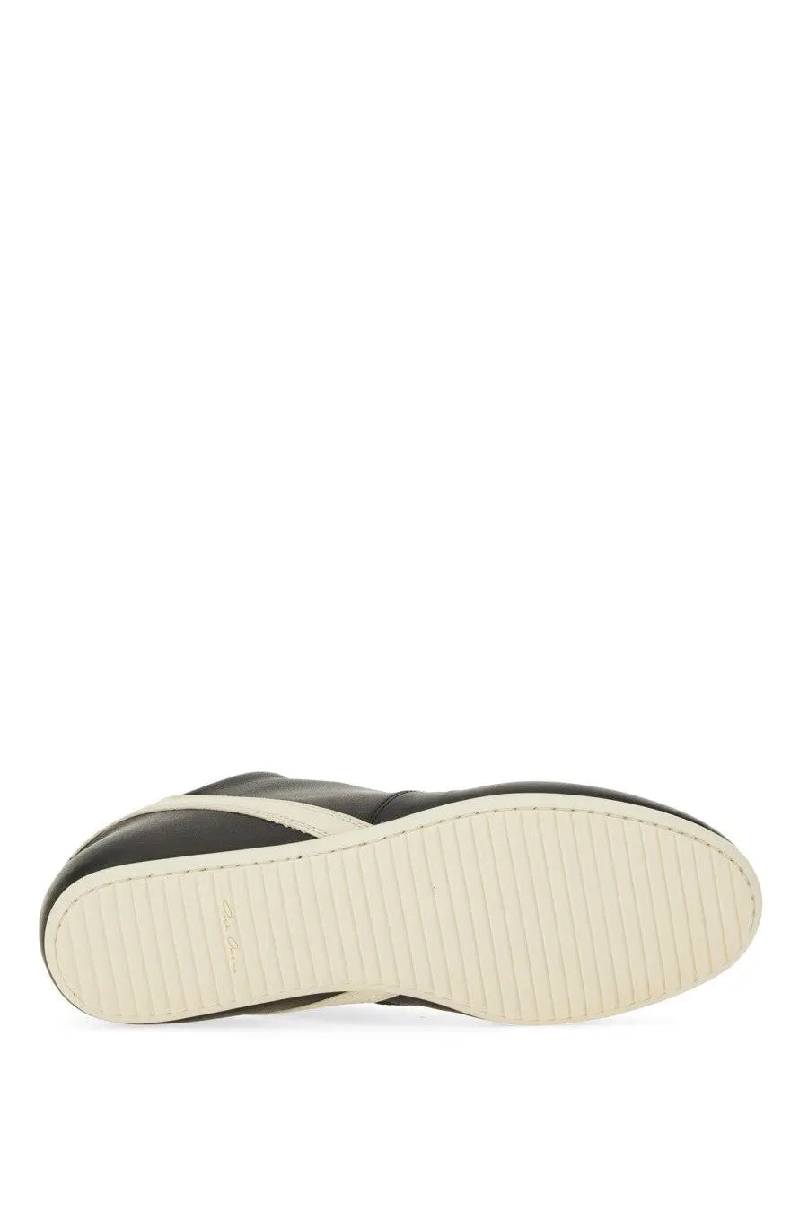 Rick Owens men’s minimal sneak sneaker black leather with white rubber sole and subtle stitching details