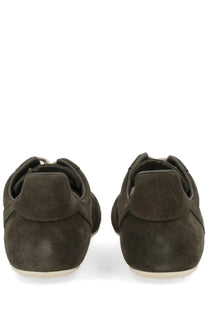 Rick Owens men’s minimal sneaks sneaker grey in dark olive suede with white rubber soles and a clean minimalist design