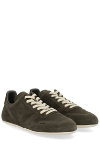 Rick Owens men’s minimal sneaks sneaker grey in dark olive suede with cream laces and white rubber sole