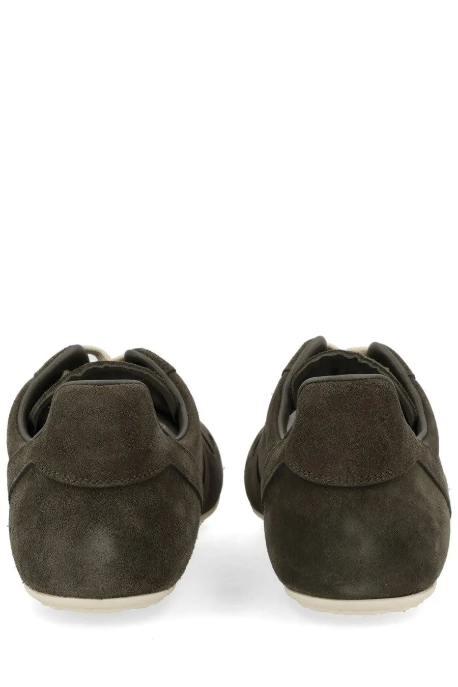 Rick Owens men’s minimal sneaks sneaker in dark olive suede with white rubber soles and a clean minimalist design