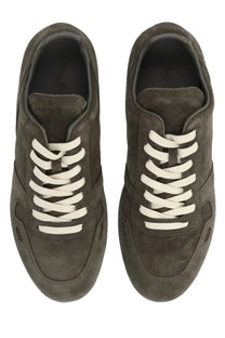 Rick Owens men’s minimal sneaks sneaker in dark olive suede with contrasting white laces and grey accents