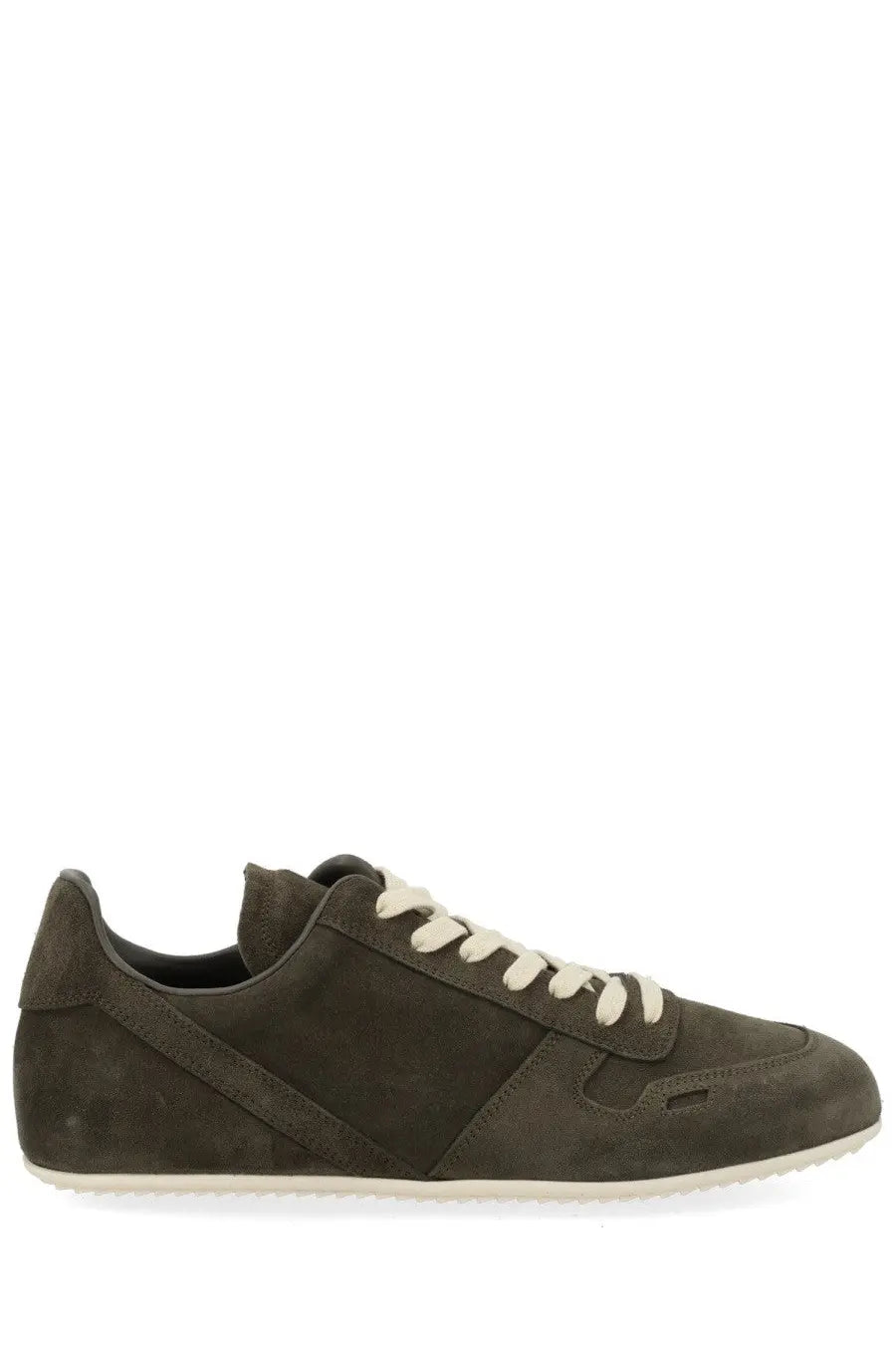 Rick owens men’s minimal sneaks dark olive suede sneaker with cream laces and white rubber sole