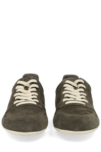 Rick Owens men’s minimal sneaks sneaker grey in olive green suede with cream laces and white rubber sole
