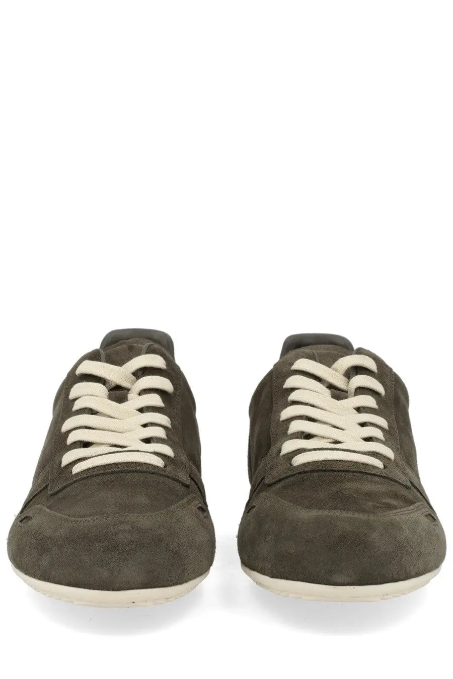 Rick Owens men’s minimal sneaks sneaker grey in olive green suede with cream laces and white rubber sole