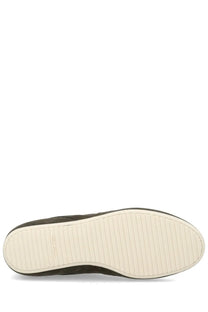 Olive green suede slip-on sneaker with white grooved rubber sole and clarks logo near the heel for men
