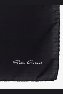 Black silk pocket square with white embroidered rick owens signature in a modal and silk blend scarf black product