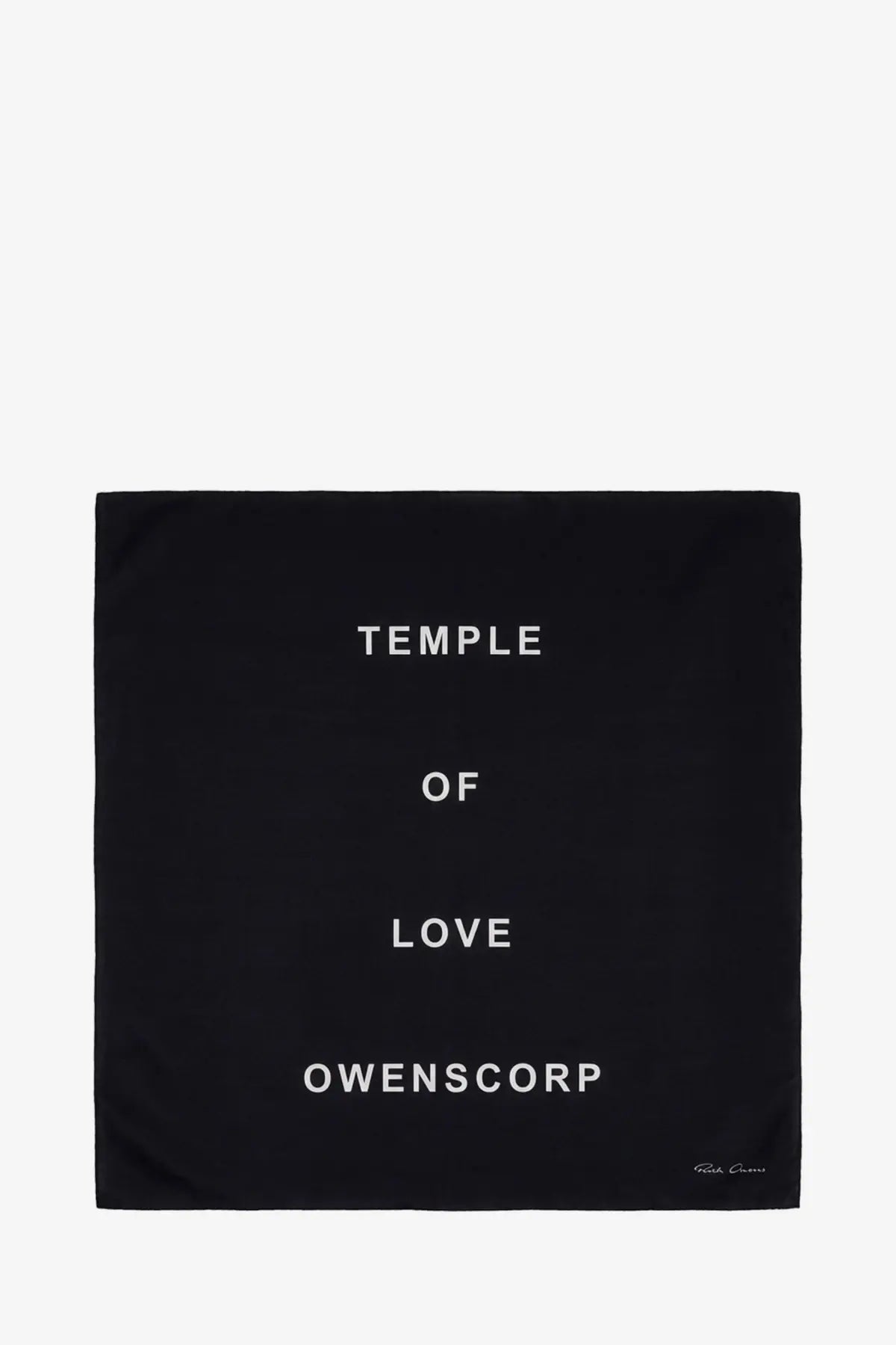 Rick Owens men’s modal and silk blend black scarf with white temple of love and owenscorp text minimalist design