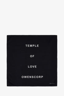 Rick Owens men’s modal and silk blend black scarf with white temple of love and owenscorp text minimalist design