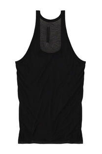 Back view of Rick Owens men’s open pony top black athletic tank with mesh panel and zipper detail at the back