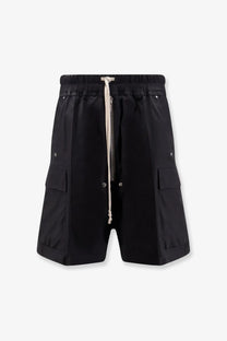 Rick Owens men’s organic cotton black cargo shorts with drawstring waistband and large flap pockets with silver buttons