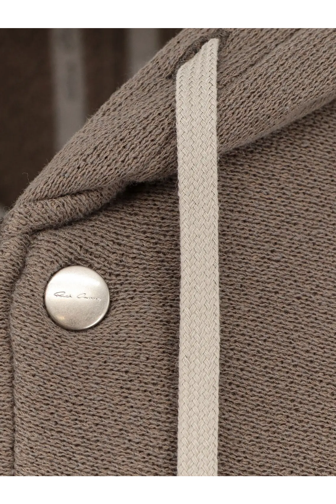 Rick Owens men’s grey organic cotton sweatshirt with beige knitted hoodie silver logo button and braided drawstring