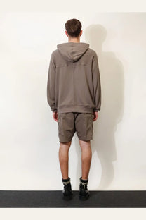 Rick Owens men’s organic cotton sweatshirt in muted olive green with hood relaxed fit and subtle seam detailing