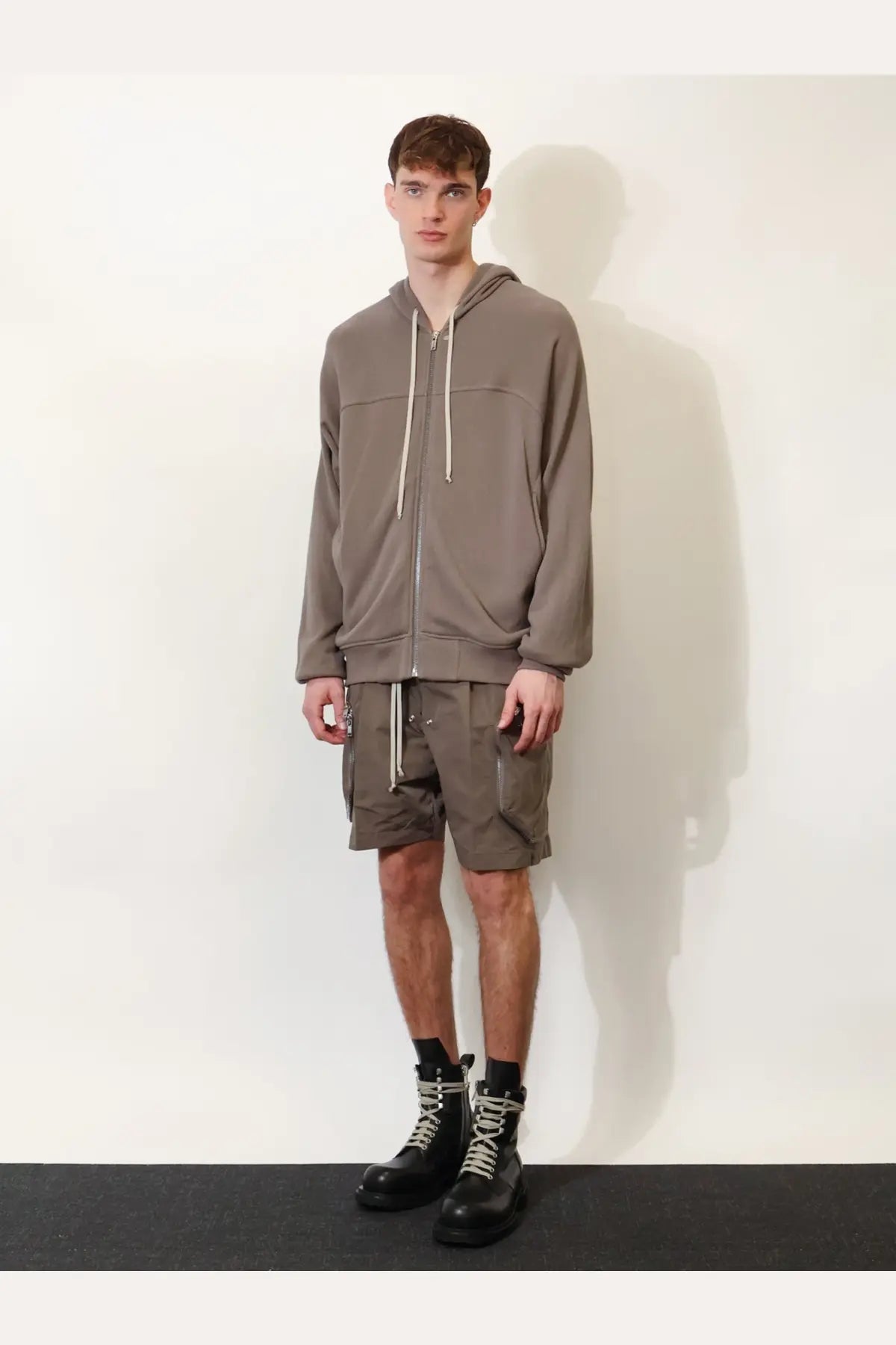 Rick Owens men’s organic cotton sweatshirt in taupe with full zip, hood, and contrasting white drawstrings