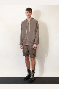 Rick Owens men’s organic cotton sweatshirt in taupe with full zip, hood, and contrasting white drawstrings