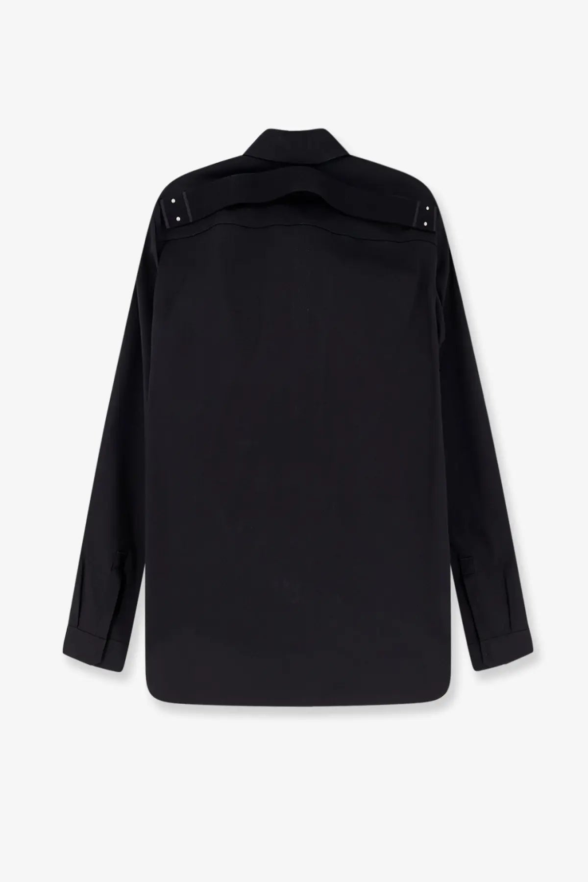 Rick Owens men’s black long-sleeved overshirt with structured collar and metallic studs on shoulder seams in cotton