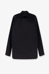 Rick Owens men’s black long-sleeved overshirt with structured collar and metallic studs on shoulder seams in cotton