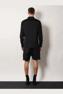 Rick Owens men’s overshirt in black certified cotton with subtle shoulder detailing and long sleeves