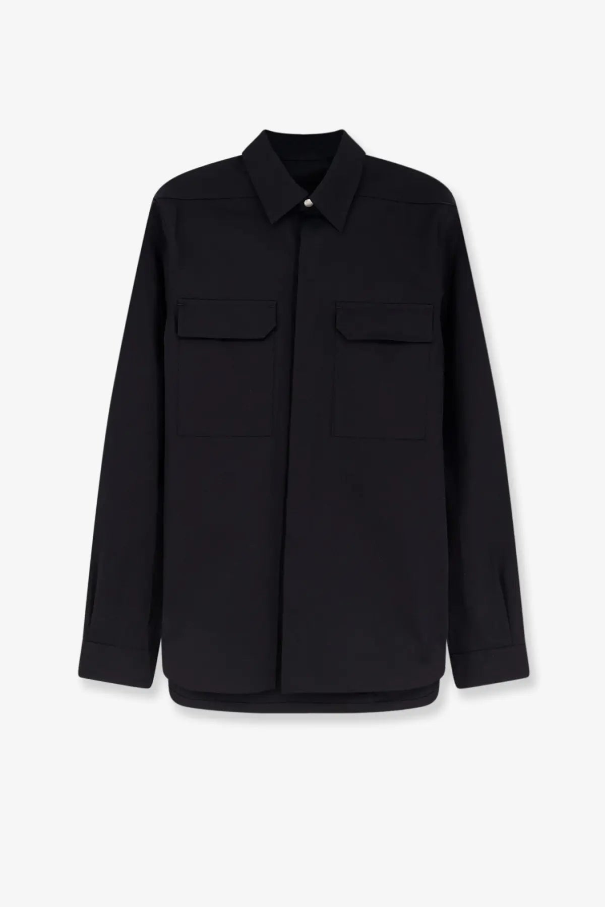 Rick Owens men’s black long-sleeved button-up overshirt with two chest pockets and classic collar in certified cotton