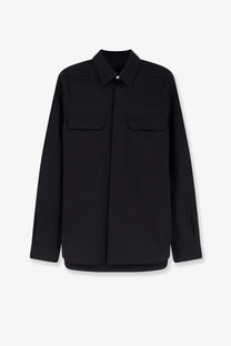 Rick Owens men’s black long-sleeved button-up overshirt with two chest pockets and classic collar in certified cotton