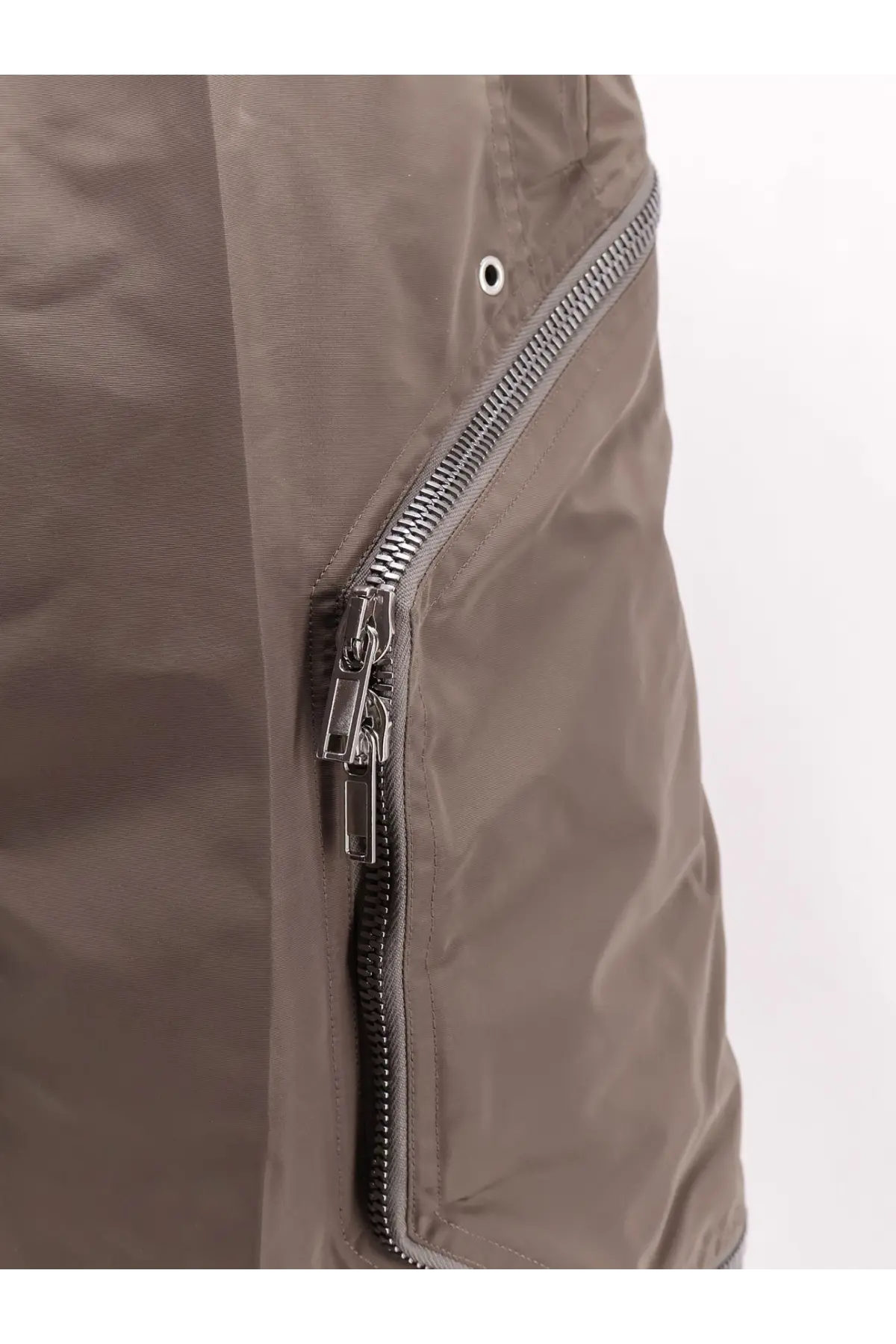 Rick Owens men’s grey recycled nylon shorts featuring sleek taupe nylon jacket with silver zipper and metal hardware