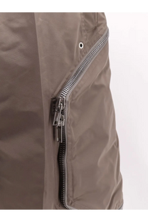 Rick Owens men’s grey recycled nylon shorts featuring sleek taupe nylon jacket with silver zipper and metal hardware