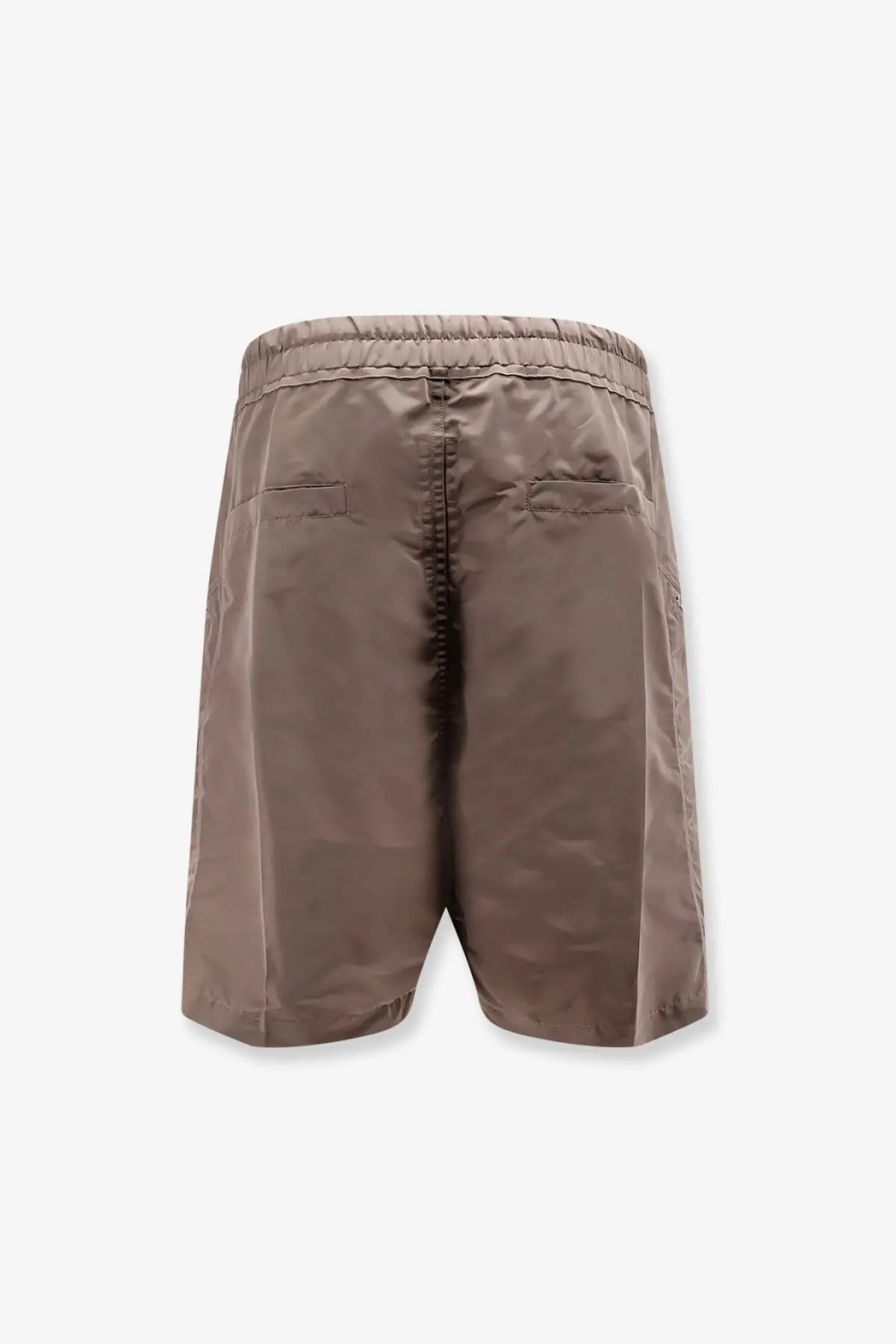 Back view of rick owens men’s grey recycled nylon shorts with elastic waistband and two back pockets