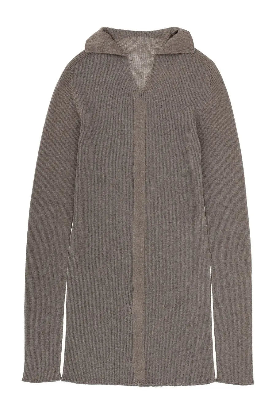 Rick Owens men’s ribbed tabard knit grey taupe ribbed hoodie with structured collar and front button closure