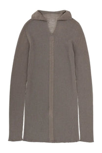 Rick Owens men’s ribbed tabard knit grey taupe ribbed hoodie with structured collar and front button closure