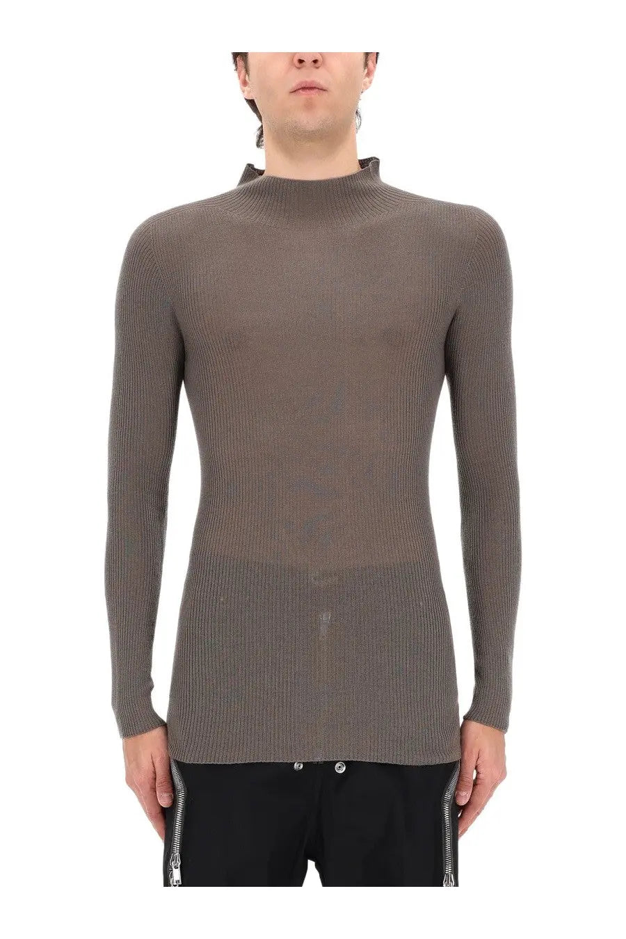Rick Owens men’s ribbed tabard knit grey turtleneck sweater with structured fit and subtle sheen in charcoal gray