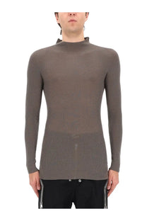 Rick Owens men’s ribbed tabard knit grey turtleneck sweater with structured fit and subtle sheen in charcoal gray