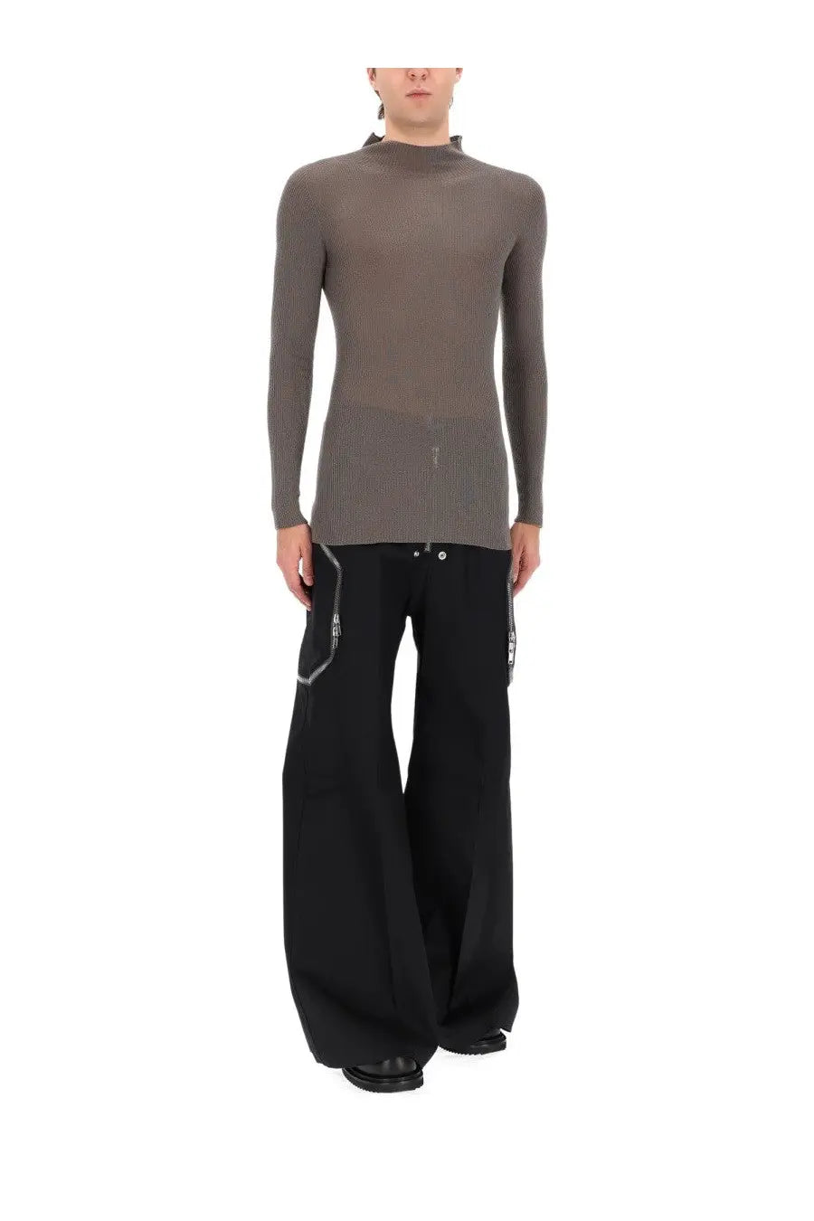 Rick Owens men’s ribbed charcoal gray long-sleeved turtleneck sweater with subtle textured knit pattern