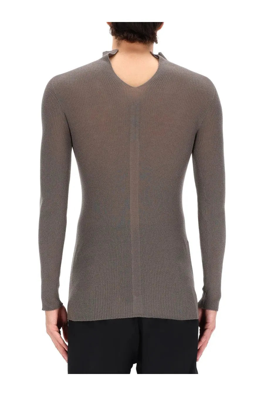 Rick Owens men’s ribbed tabard knit grey sweater with v-neckline long sleeves in sleek gray knit material