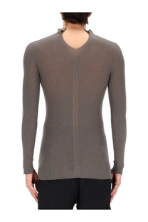 Rick Owens men’s ribbed tabard knit grey sweater with v-neckline long sleeves in sleek gray knit material