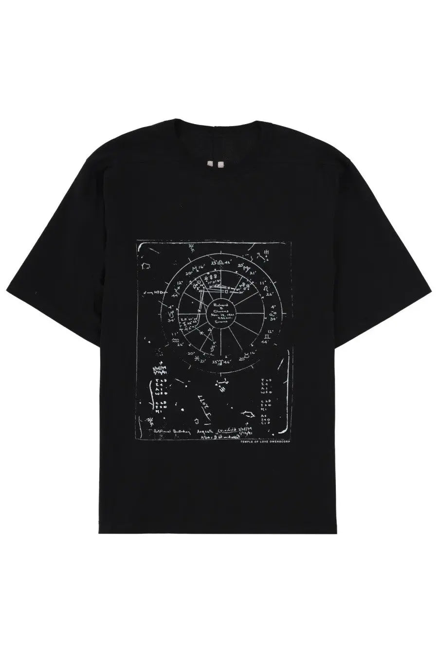 Rick Owens men’s black short-sleeved shirt with white astrological chart print and brad con stampa design
