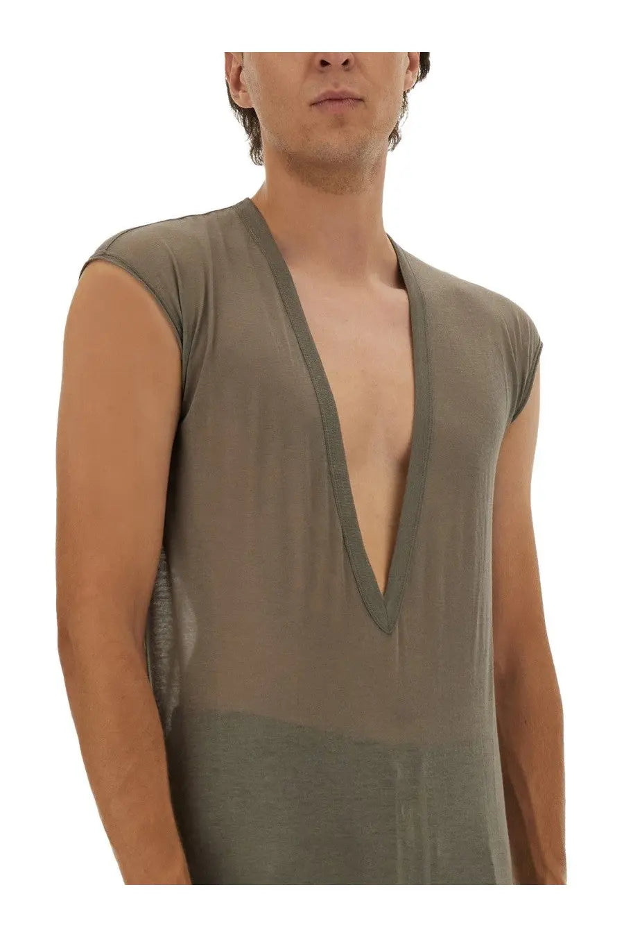 Rick Owens men’s shirt dylan grey olive green sleeveless with deep v neckline and sheer fabric front view