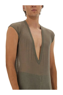 Rick Owens men’s shirt dylan grey olive green sleeveless with deep v neckline and sheer fabric front view