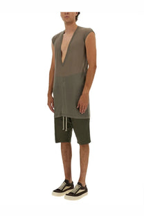 Rick Owens men’s shirt Dylan grey in sleek olive green sleeveless tunic with deep v neck and layered fabric panels