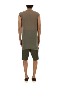 Rick Owens men’s sleeveless long olive-green mesh shirt with solid lower panel and subtle front seam detail