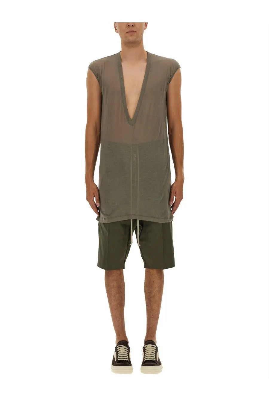 Rick Owens men’s shirt dylan grey sleeveless olive green long-cut top with sheer mesh panel and front zipper detail