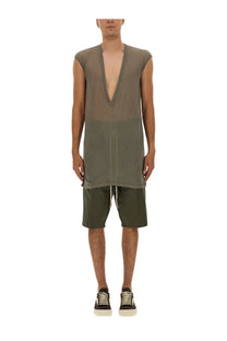 Rick Owens men’s shirt dylan grey sleeveless olive green long-cut top with sheer mesh panel and front zipper detail