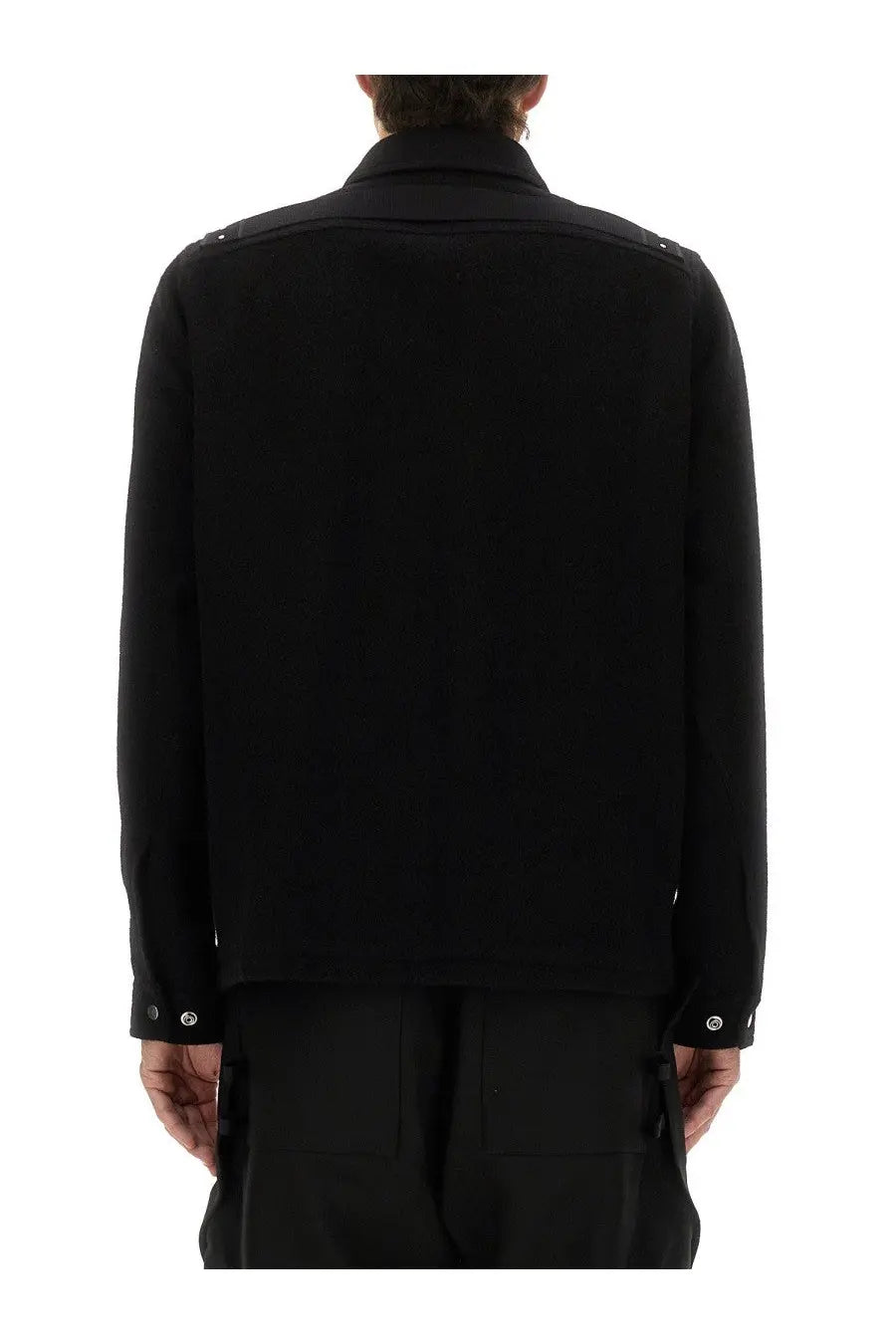 Rick Owens men’s black long-sleeved shirt jacket with subtle stitching details and buttoned cuffs