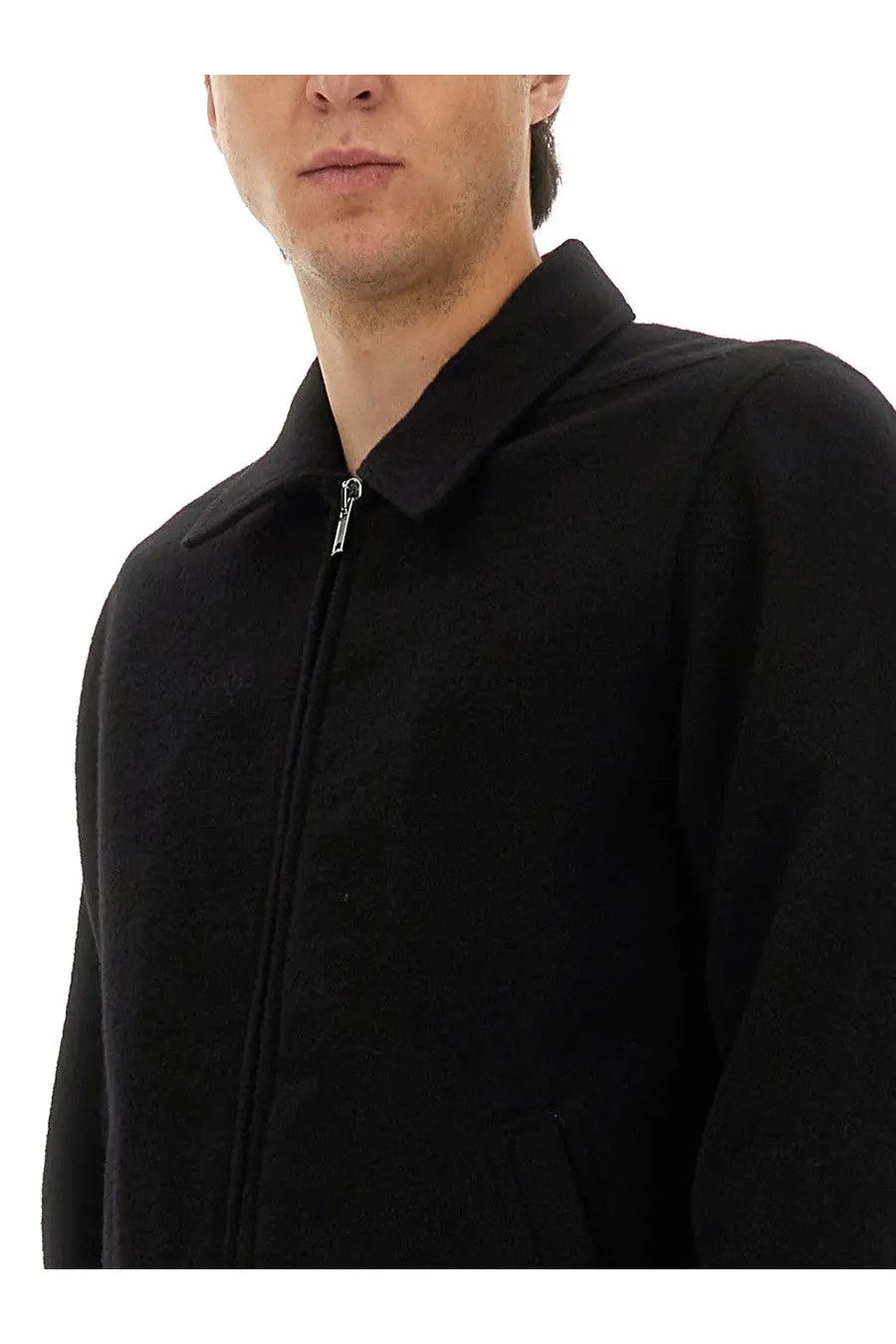 Rick Owens men’s black shirt jacket with classic collar zip-up front and subtle textured fabric