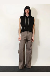 Rick Owens men’s sleeveless organic cotton sweatshirt black with white drawstrings and front zipper detail