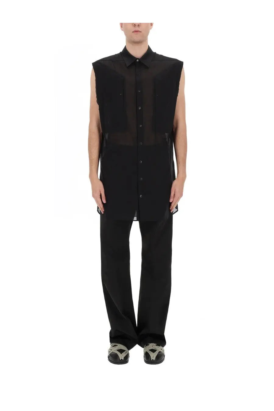 Rick Owens men’s sleeveless shirt jumbo black with sheer panels and a modern minimalist design