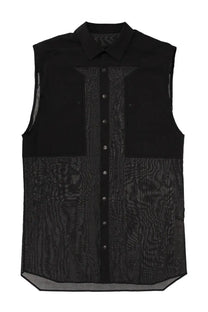 Rick Owens men’s sleeveless shirt jumbo black with textured semi-transparent front panel and solid black shoulders and sides