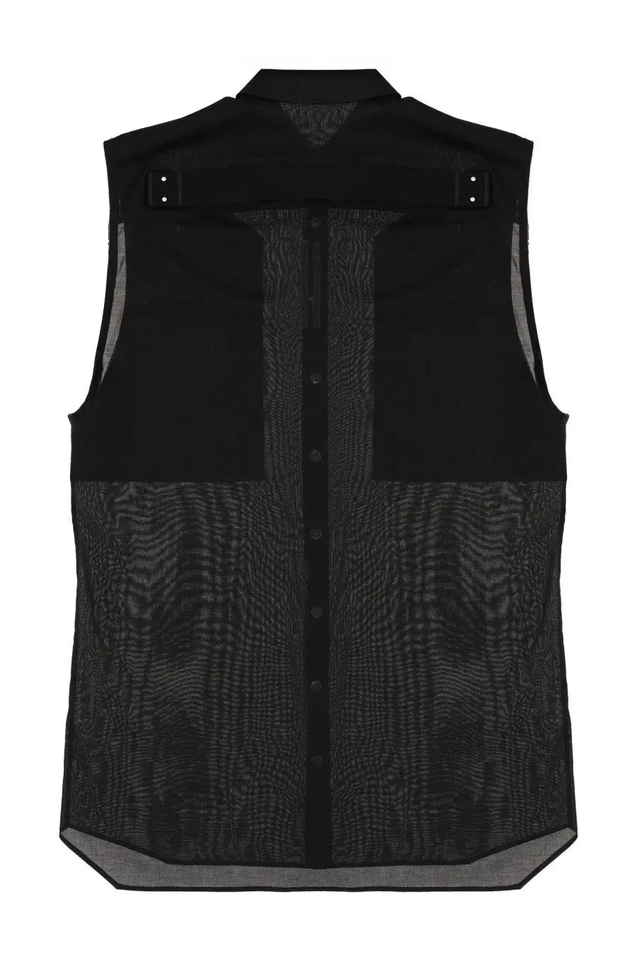 Rick Owens men’s sleeveless shirt jumbo black with mesh texture and solid black panels at shoulders chest and hem
