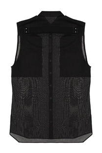 Rick Owens men’s sleeveless shirt jumbo black with mesh texture and solid black panels at shoulders chest and hem