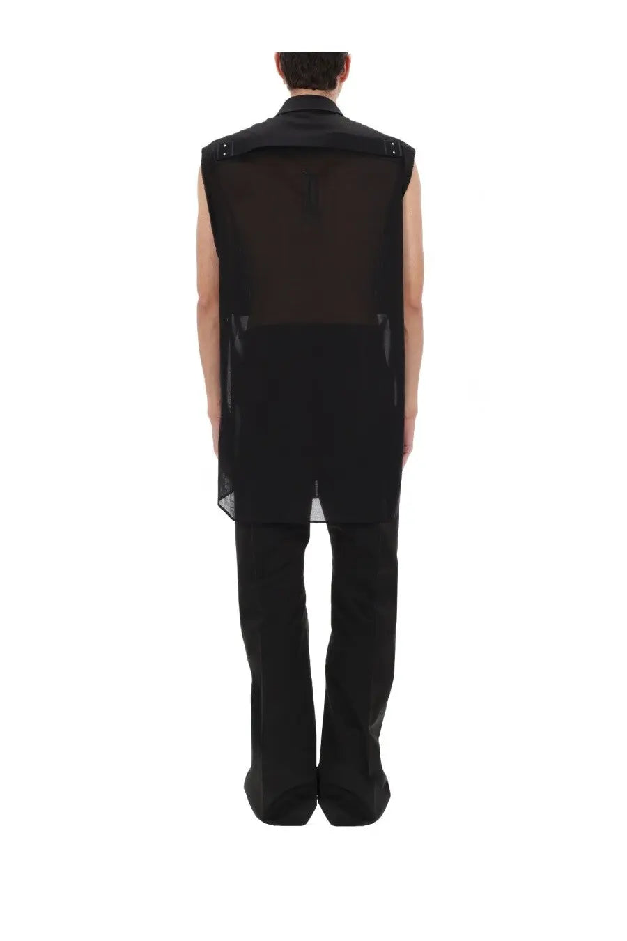Rick Owens men’s sleeveless shirt jumbo black sheer vest with solid lower section and adjustable shoulder straps