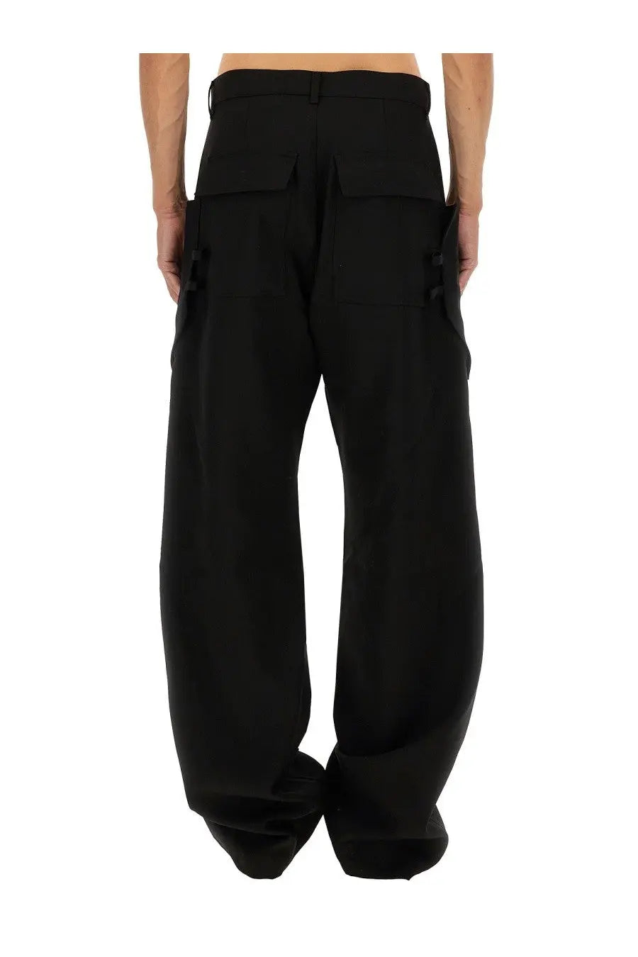 Rick Owens men’s Stefan cargo pants in black featuring wide-leg design, large cargo pockets, and structured waistband